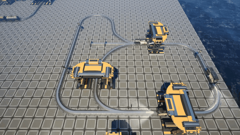 Satisfactory test rail network with two train stations joined by both a direct loop and a longer alternate branch, used to show how trains pick a route.