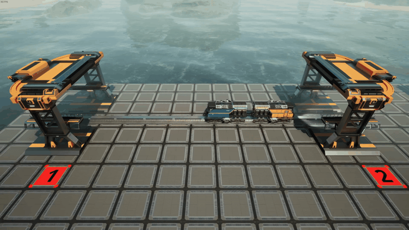 Satisfactory push-pull train setup with station 1 and station 2 facing opposite directions and a train carrying a locomotive at each end running between them.