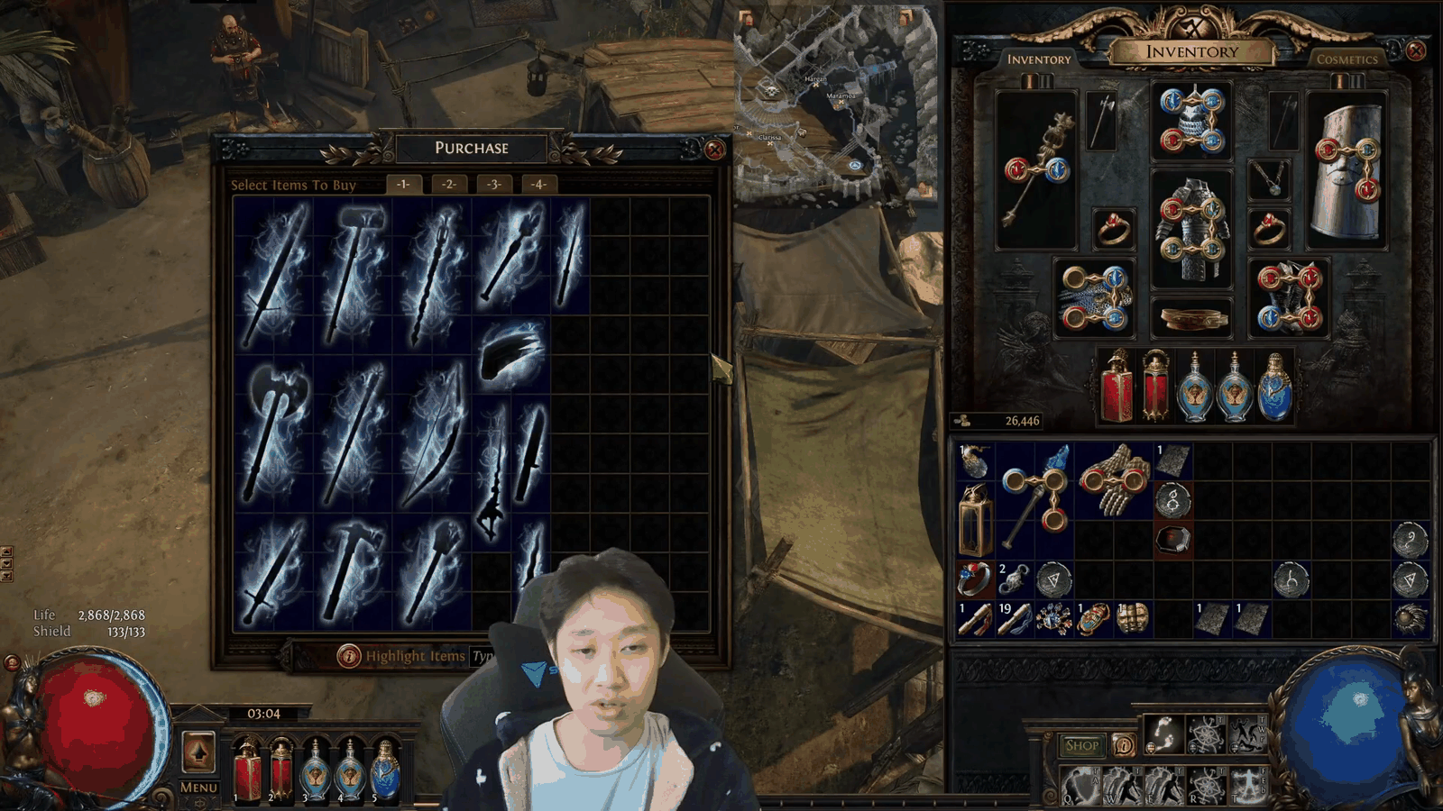 Path of Exile gambling vendor purchase window full of unidentified weapons bought with gold, an easy gear upgrade for beginners