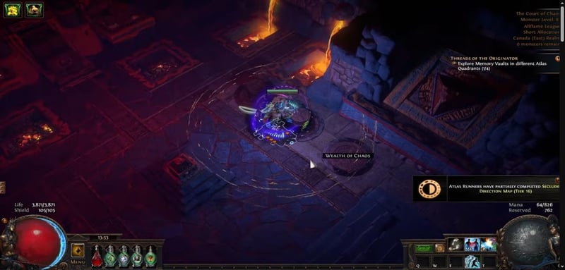 The Court of Chaos Atlas Anomaly showering Wealth of Chaos loot such as a Recurve Bow and Plated Greaves after a unique is sacrificed in PoE 3.29