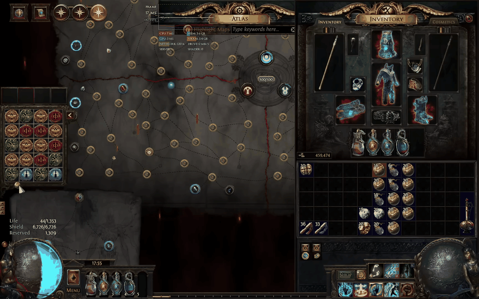 Path of Exile map stash tab holding rolled Conqueror maps after Blessed Orb rerolls, viewed over the Atlas