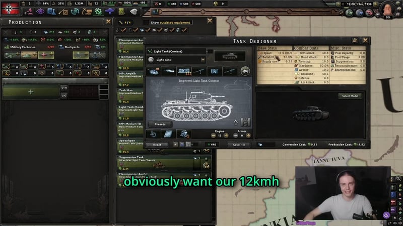 HOI4 Tank Designer panel showing VijoPlays' Light Tank (Combat), an Improved Light Tank Chassis build with Speed 11.9 km/h, Soft attack 40.3, Reliability 75.5%, Production Cost 11.92
