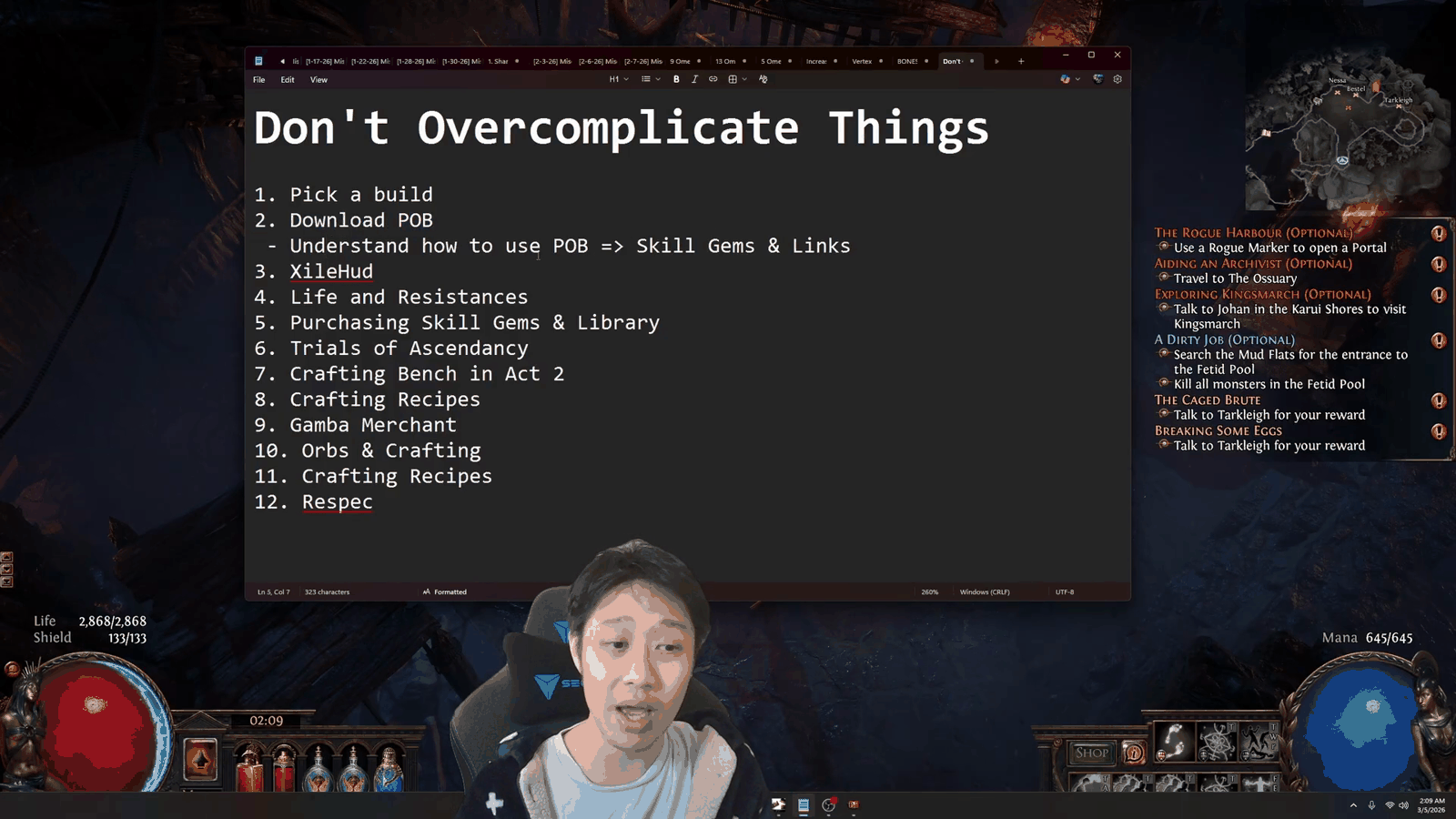 Path of Exile beginner guide roadmap card titled Don't Overcomplicate Things, listing twelve steps from picking a build to respeccing the passive tree
