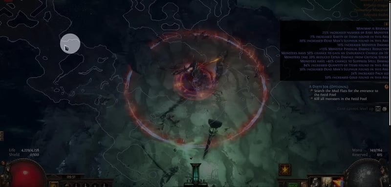 Path of Exile voyage area modifier panel listing 84 percent increased Quantity of Items, 30 percent increased Dead Man's Sulphur, 25 percent increased Rare Monsters and 24 percent increased Pack size