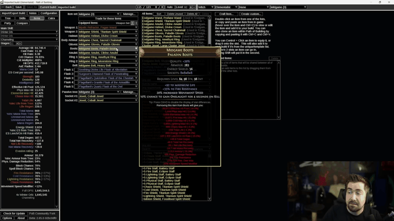 Path of Building tooltip for the midgame Paladin Boots target item on the Winter Orb Elementalist, showing the maximum life, fire resistance and movement speed affixes to aim for.