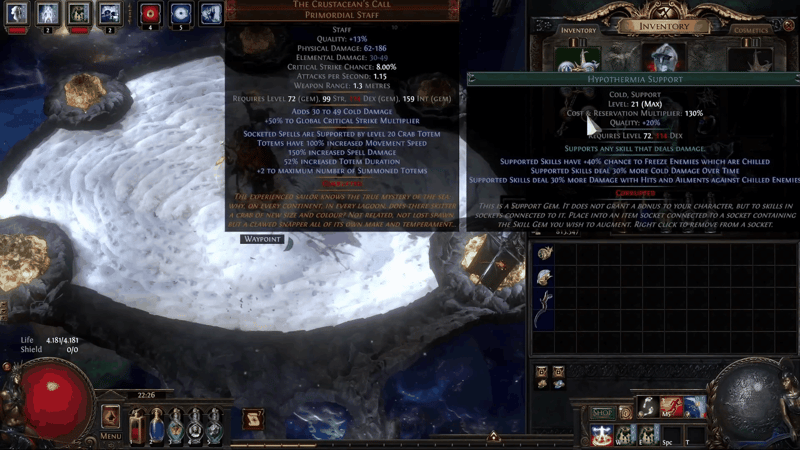 Level 21 Hypothermia Support gem tooltip in Path of Exile granting 30% more damage with hits and ailments against chilled enemies, the hidden multiplier missing from the totem tooltip