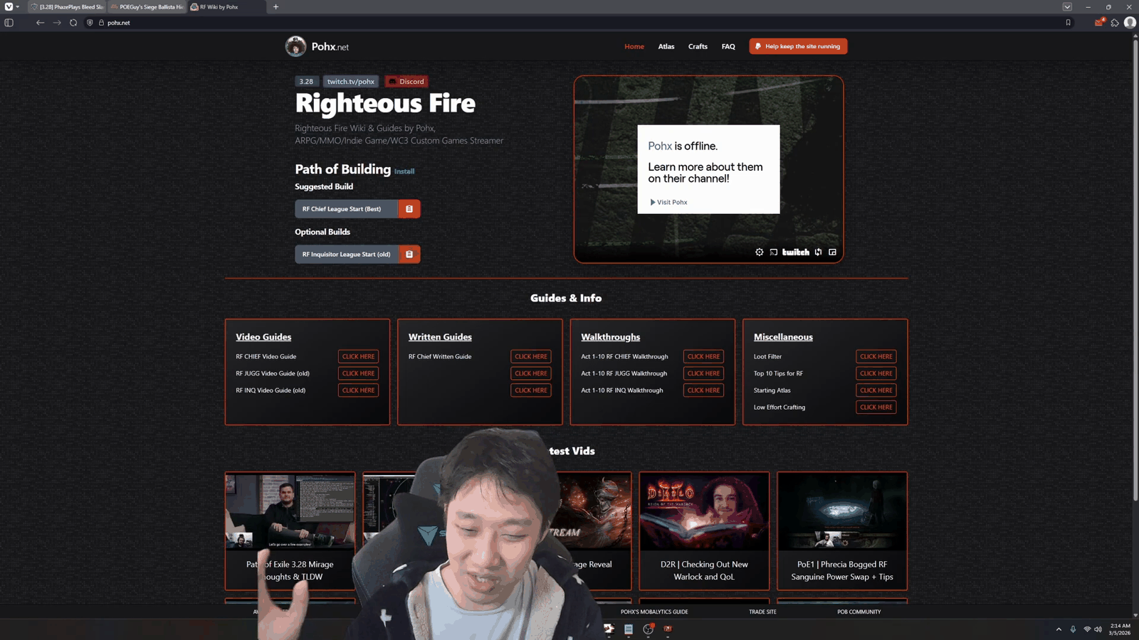 Pohx.net Righteous Fire build hub, one of three recommended Path of Exile beginner builds with a full written guide and Path of Building link