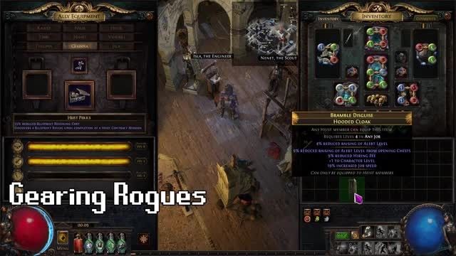 Gearing Rogues panel with a Hooded Cloak tooltip showing job-speed and alert-level rolls