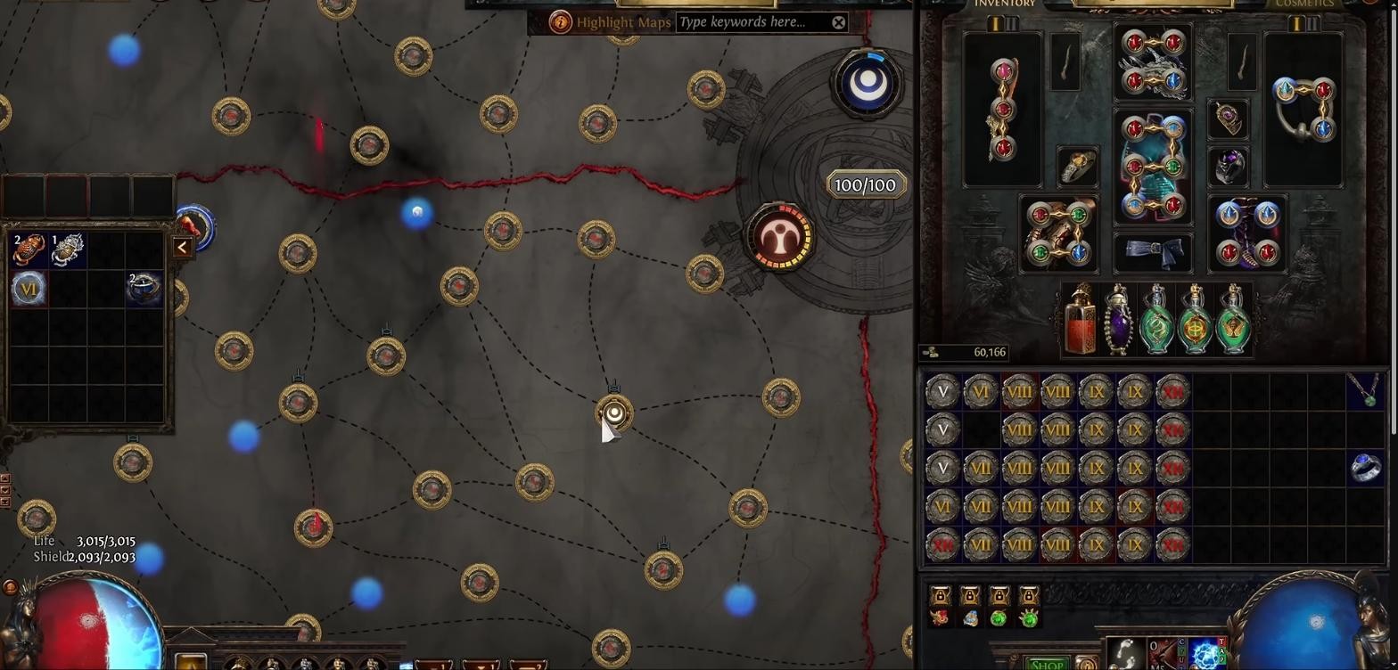 Path of Exile atlas screen with a stash of low tier white and yellow maps ready for mercenary rushing