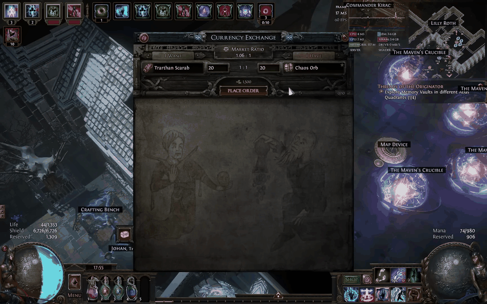 Path of Exile Currency Exchange order buying 20 Trarthan Scarabs for chaos orbs at a 1.06 to 1 market ratio