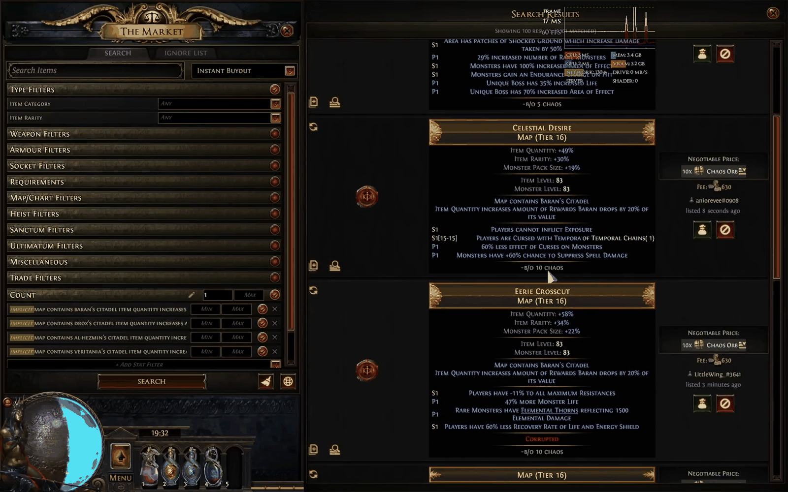 Path of Exile trade site price check on tier 16 Conqueror maps listed at 10 chaos each with quantity rolls shown