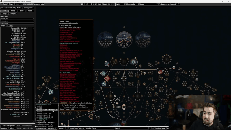 Path of Building passive tree loadout menu for the Winter Orb guide, listing the level-banded leveling trees and the midgame and endgame Path of Exile tree variants.