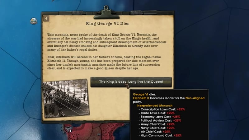 The King George VI Dies event screen, with Elizabeth II's Inexperienced Monarch national spirit listing +25% cost increases to conscription, trade, and economy laws, plus political advisor and every service-chief and High Command slot.