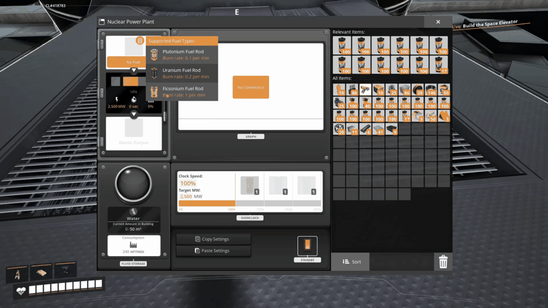 Satisfactory Nuclear Power Plant panel with the Supported Fuel Types tooltip giving burn rates of 0.1, 0.2 and 1 per minute for Plutonium, Uranium and Ficsonium fuel rods at 2,500 MW.