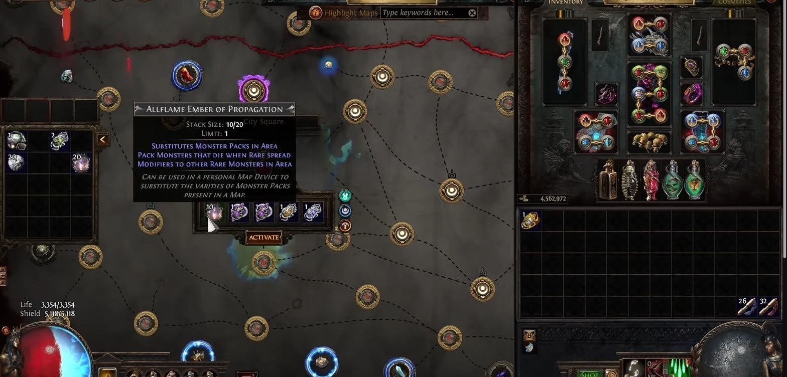 Allflame Ember of Propagation tooltip in the Path of Exile map device, reading Substitutes Monster Packs in Area and Pack Monsters that die when Rare spread Modifiers to other Rare Monsters in Area