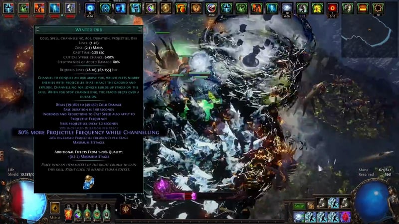 In-game Path of Exile gem tooltip for the Winter Orb channelling skill, highlighting 80% more Projectile Frequency while Channelling, 20% increased Projectile Frequency per Stage and a maximum of 8 stages, over a mob pack being shattered.
