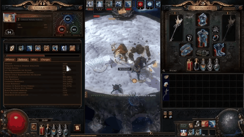 Path of Exile character sheet Defence tab with flasks active, showing 25,501 armour, 90% estimated physical damage reduction and overcapped elemental resistances