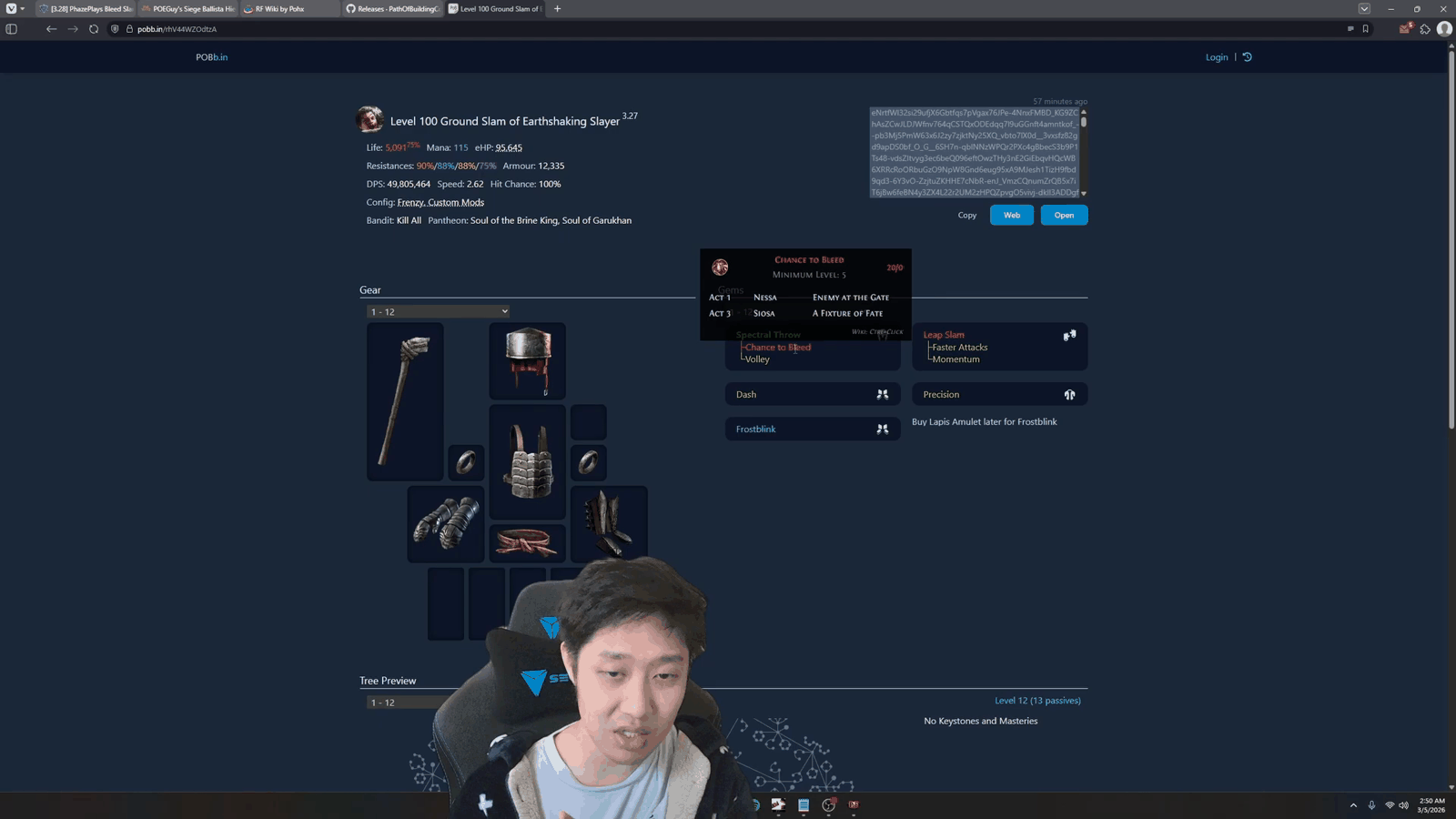 PoBb.in gem tooltip showing Chance to Bleed sold by Nessa in Act 1 and Siosa in Act 3, answering where to get skill gems in a Path of Exile beginner guide