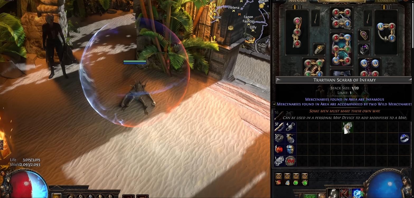 Trarthan Scarab of Infamy tooltip in Path of Exile showing mercenaries in area are infamous and accompanied by two wild mercenaries