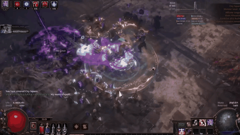 Hex Blast crab totems deleting The Envoy in a Path of Exile City Square map during the single target damage test
