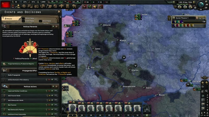 Events and Decisions tab showing the Political Paranoia mechanic explanation with the 25 percent and 75 percent purge thresholds and a list of Political Actions with their political power costs