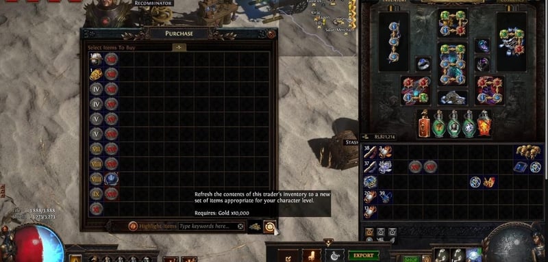 Kirac's purchase window in Path of Exile showing maps by tier, with the refresh tooltip requiring 10,000 gold