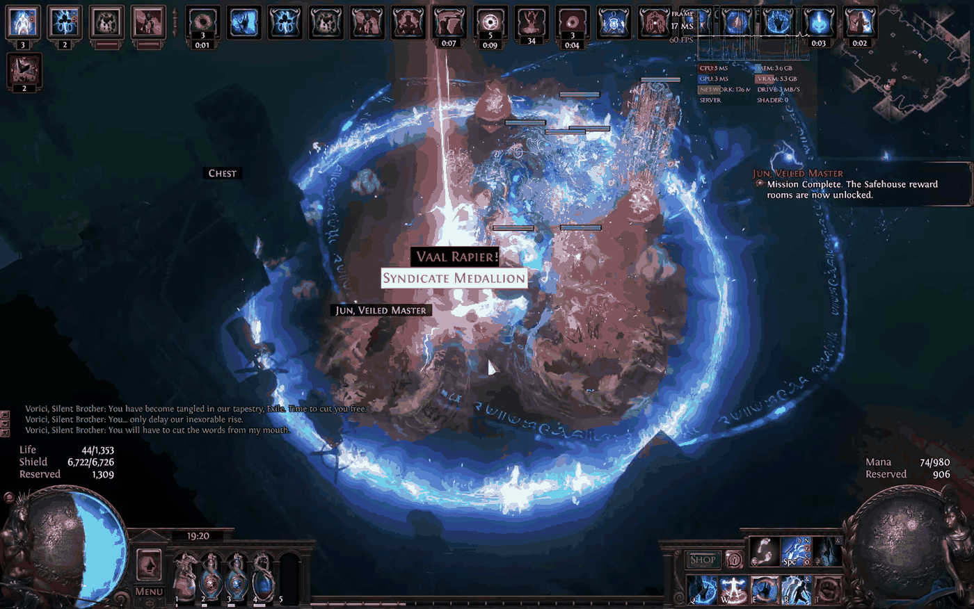 Syndicate Medallion and a Vaal Rapier dropping at the end of a Betrayal safehouse run in Path of Exile