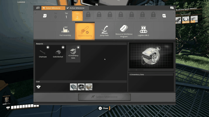 Tier 2 Obstacle Clearing milestone in the Satisfactory HUB, rewarding the Chainsaw, Solid Biofuel and +3 inventory slots for 500 Wire, 100 Cable and 100 Concrete