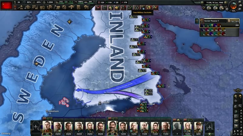 Map of Finland with a large drawn offensive arrow labeled Eastern Finland Strategic Offensive Operation, 120 divisions, Army Group 1, pushing toward Helsinki