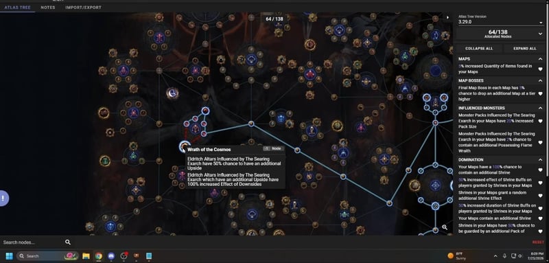 The Wrath of the Cosmos atlas node tooltip, giving Searing Exarch altars a 50 percent chance of an additional upside and 100 percent increased effect of downsides