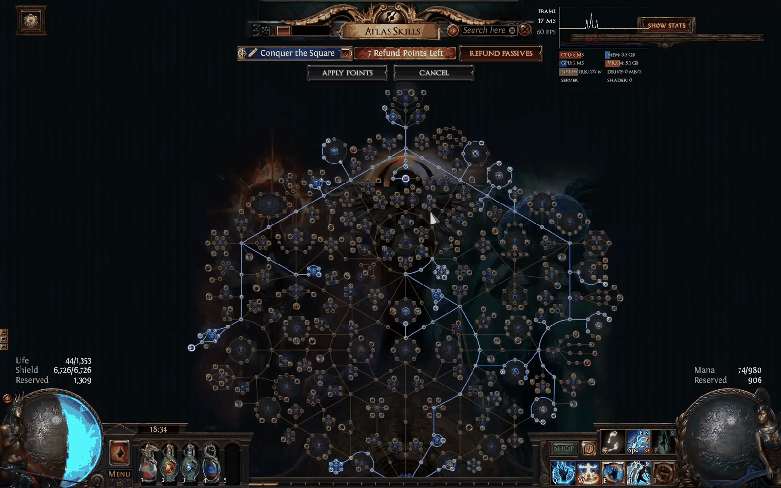 Full Path of Exile Atlas passive tree for the Destructive Play currency farming strategy with all allocated nodes visible
