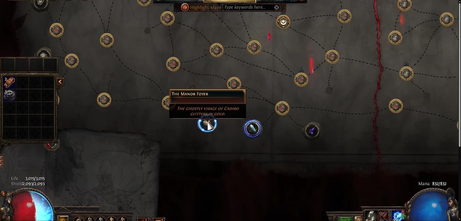 The Manor Foyer atlas anomaly in Path of Exile with the tooltip the ghostly visage of Cadiro glitters in gold