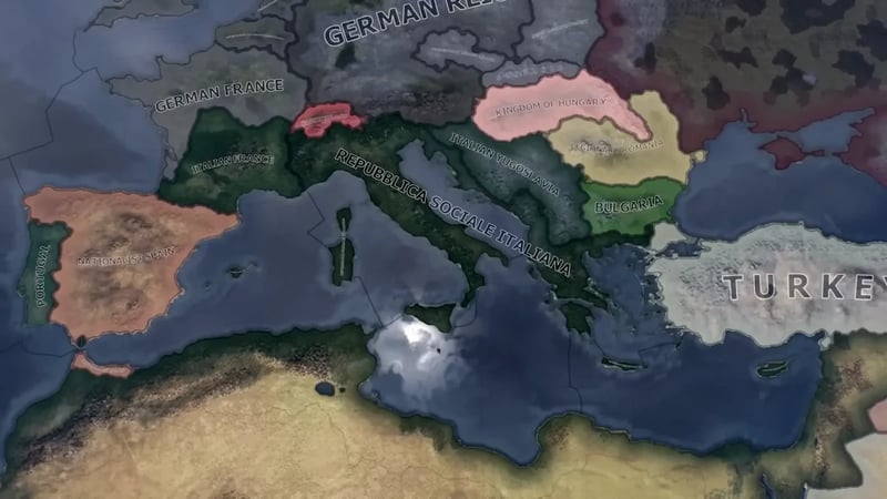 Map showing the Italian Social Republic controlling France, Yugoslavia and the whole western Mediterranean rim as puppet states