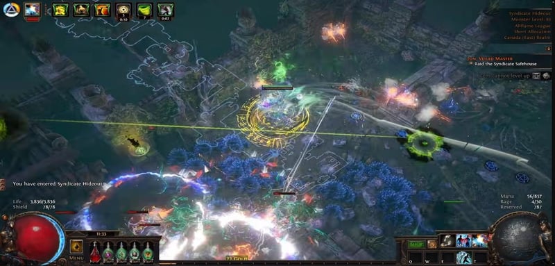 Clearing the Syndicate Hideout Atlas Anomaly and raiding the safehouse for random Betrayal rewards in Path of Exile 3.29