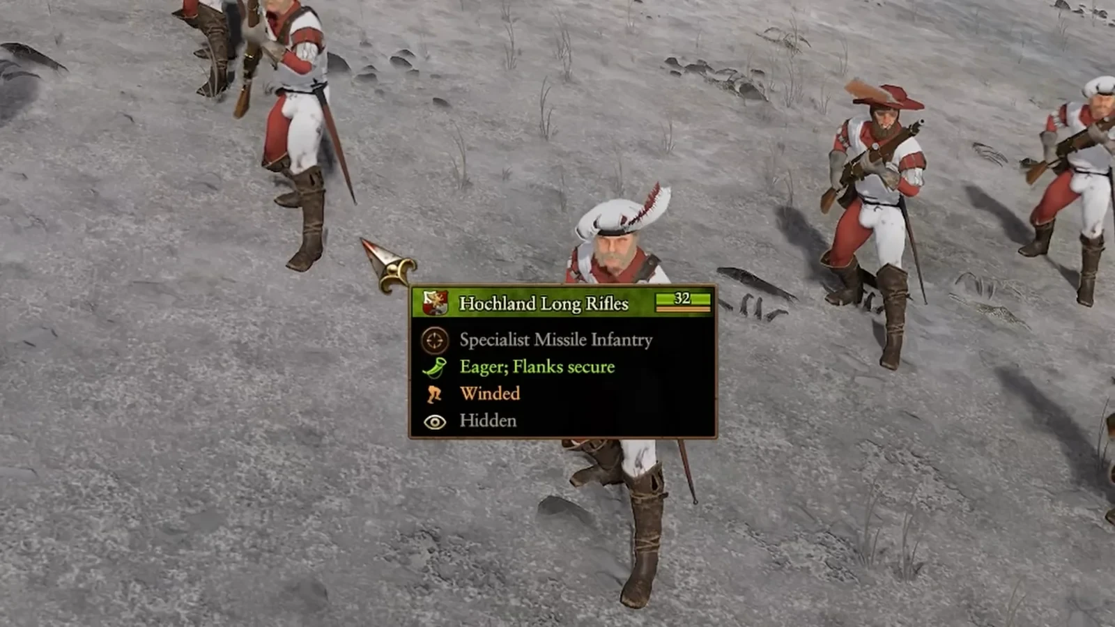 Unit tooltip for Hochland Long Rifles reading Eager, Flanks secure, Winded, Hidden, on a snowy slope