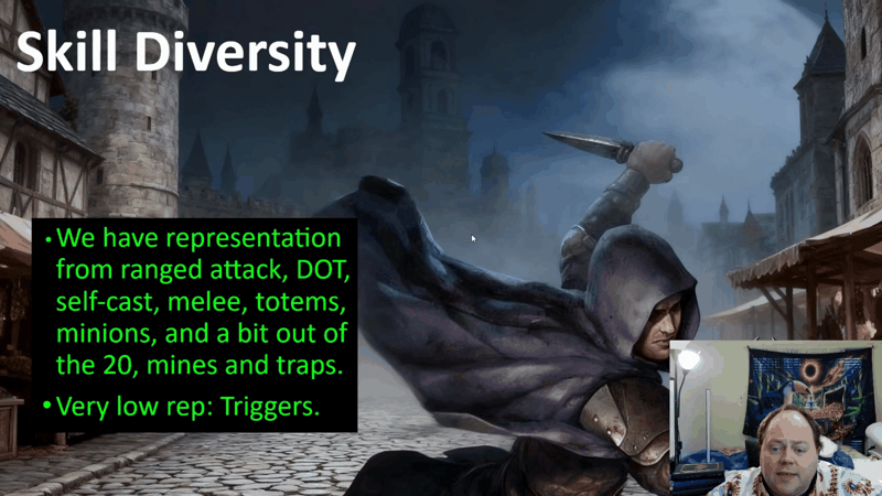 Skill Diversity slide listing the Path of Exile playstyles represented in the top 20 - ranged attack, damage over time, self-cast, melee, totems and minions - and flagging triggered skills as very low representation.