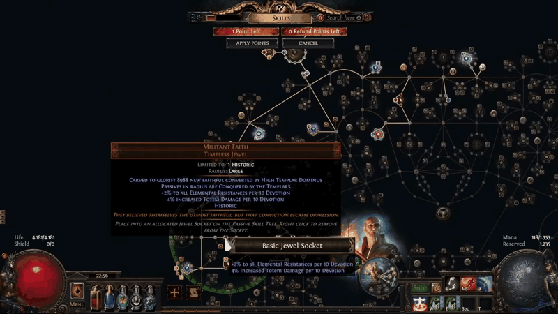 Militant Faith timeless jewel of High Templar Dominus in the Path of Exile passive tree, giving 2% all elemental resistances and 4% increased totem damage per 10 devotion