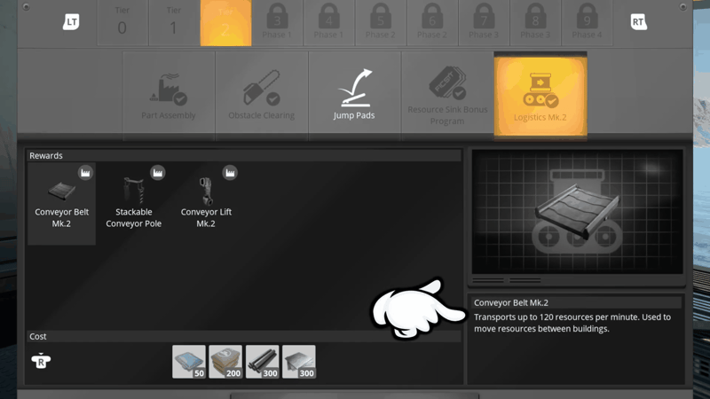 Logistics Mk.2 milestone panel in Satisfactory showing Conveyor Belt Mk.2 transports up to 120 resources per minute, unlocked for 50 Reinforced Iron Plate, 200 Concrete, 300 Iron Rod and 300 Iron Plate