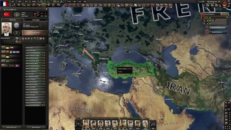 Diplomacy panel showing relations with Turkey (an ally), a list of diplomatic actions with political power costs — Improve Relations 10, Send Attaché 50/100, Issue Trade Embargo 100, Guarantee Independence 30 — and a subject/faction list