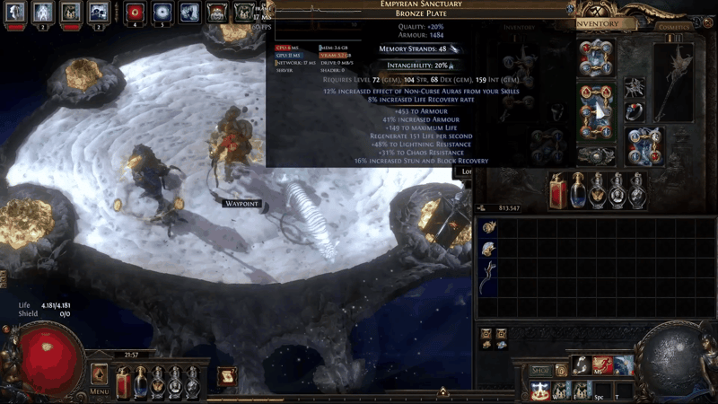 Path of Exile bronze plate body armour tooltip showing +453 armour, 41% increased armour, +149 maximum life, 133 life regenerated per second and +48% lightning resistance