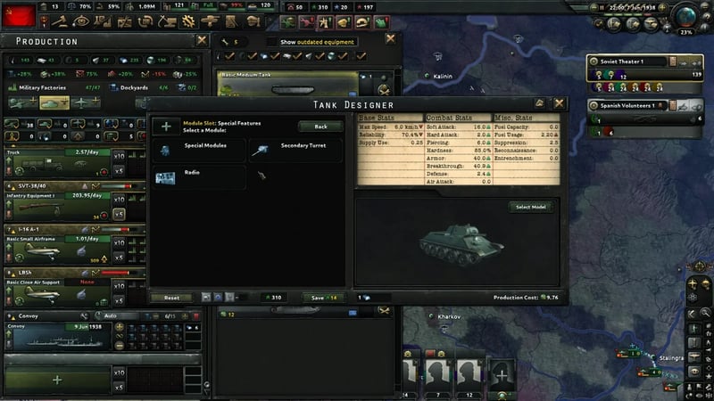 Tank Designer window with the Basic Medium Tank's module slot selection open next to its full base and combat stat sheet