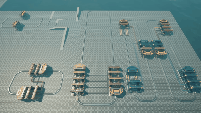 Satisfactory basic train circuit: a large one-way loop with orange and blue freight stations all facing the same direction so trains flow clockwise without crossing tracks.