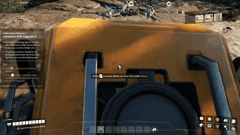 Portable Miner hologram over an iron deposit in Satisfactory with the prompt Press RT to place Miner on Iron Ore node (Pure) showing the node purity