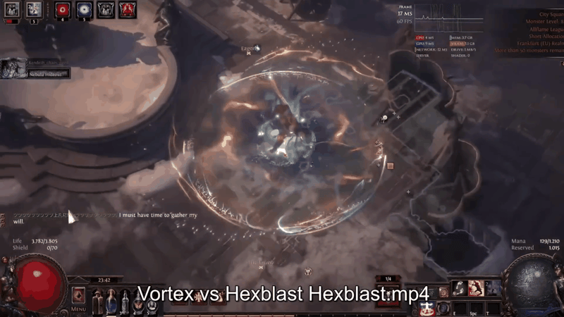 Side by side Vortex versus Hex Blast crab totem clip in Path of Exile, the low budget six link damage comparison used to justify the skill choice