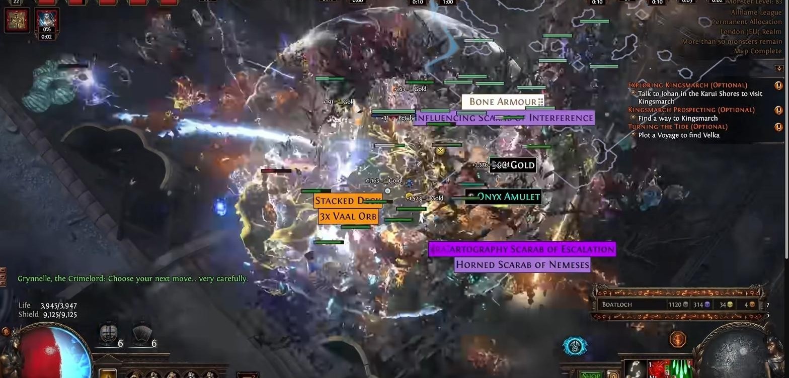 Path of Exile ground loot after a propagation map showing Horned Scarab of Nemeses, Cartography Scarab of Escalation, Influencing Scarab of Interference, Stacked Deck and Vaal Orbs on the floor