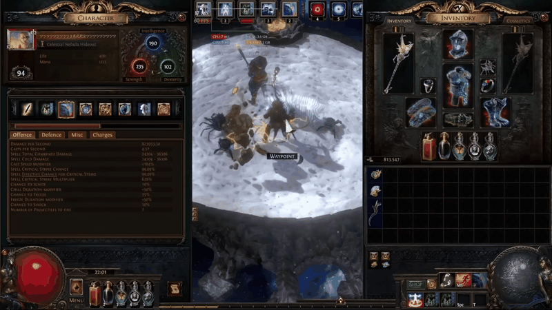 Path of Exile character sheet Offence tab for the Hierophant crab totem build, showing 823,953.50 damage per second, 99.09% spell critical strike chance, 628% crit multiplier and 7 projectiles