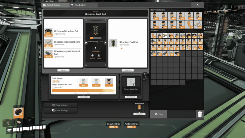 Uranium Fuel Rod recipe in Satisfactory consuming 50 Encased Uranium Cells, 3 Encased Industrial Beams and 5 Electromagnetic Control Rods to build one rod per minute.