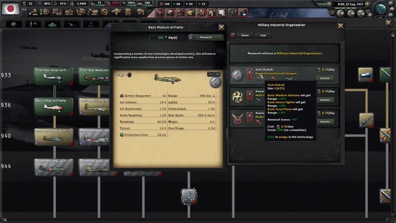 Aircraft designer showing the Basic Medium Airframe stats beside the Aichi Kokuki range-bonus tooltip