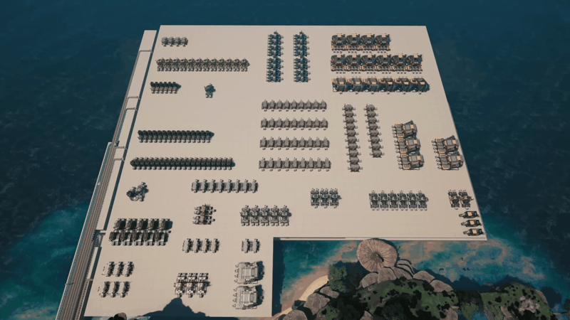 Satisfactory factory viewed from above after flooring over the logistics level, showing clean machine rows with no visible belts