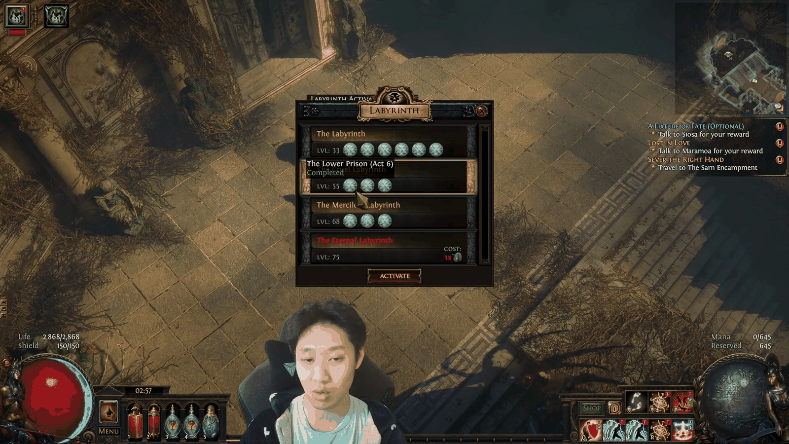 Path of Exile Labyrinth panel showing the level 33, 55, 68 and 75 gates and the number of Trials of Ascendancy each one needs